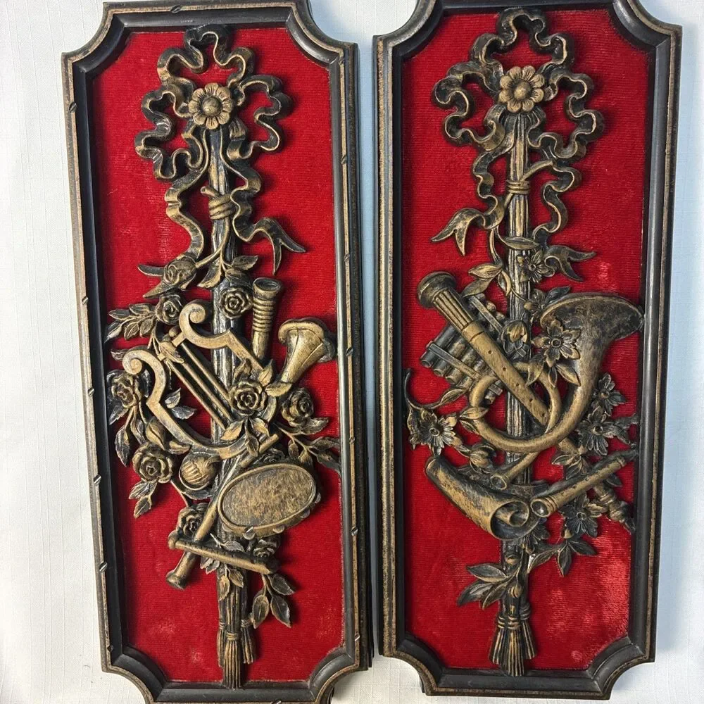 1960s Homco Pair of MUSIC SYROCO & Velvet Felt WALL ART PLAQUES